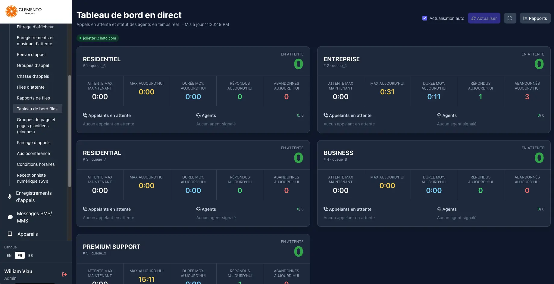 Live call queue wallboard in the portal — waiting callers and agent status