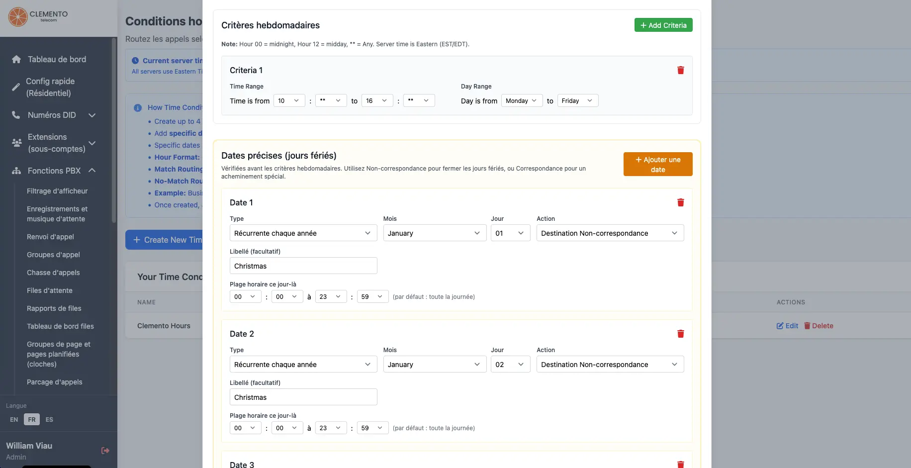 Time conditions setup in the portal — weekly ranges and holidays