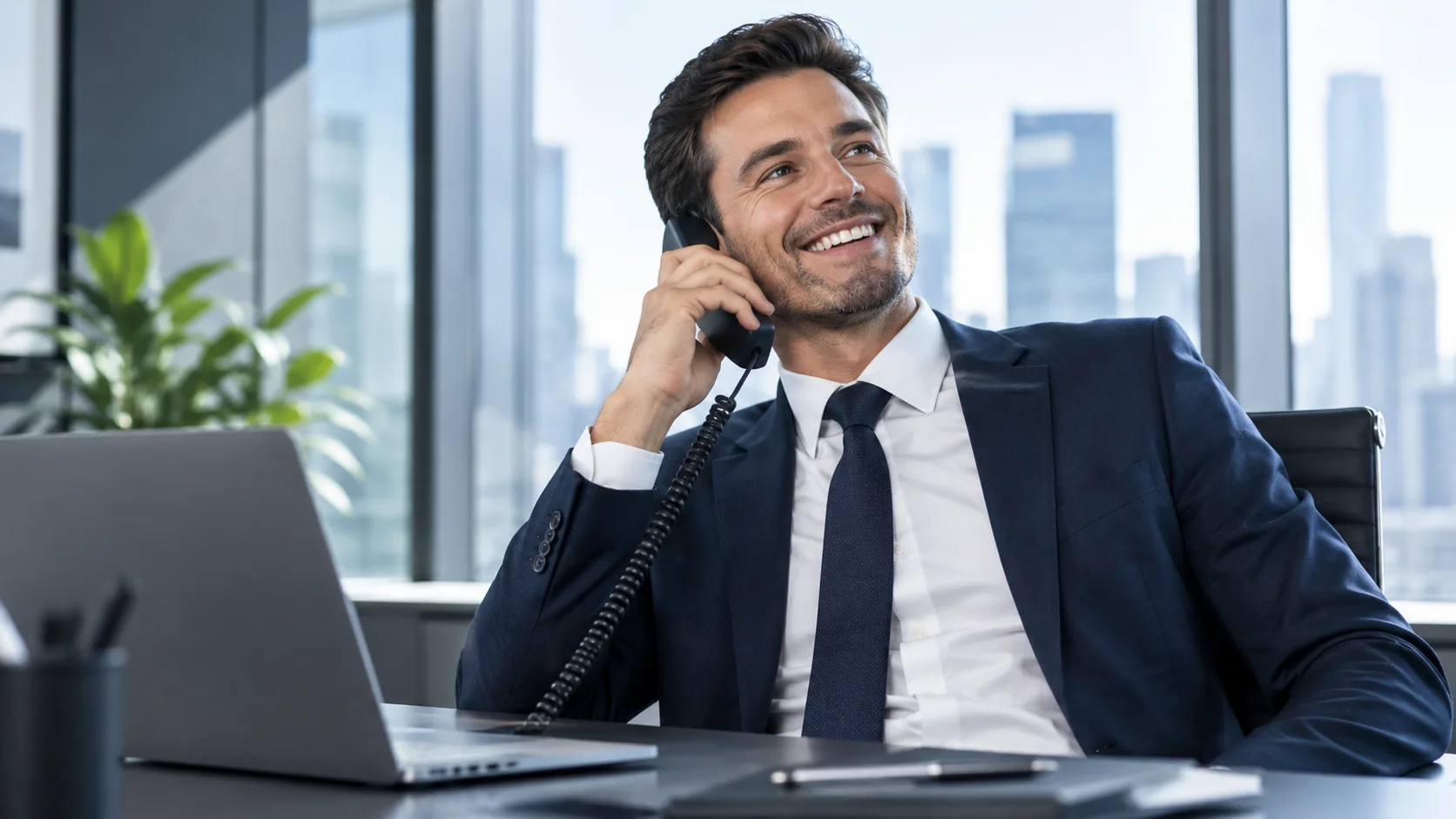 Gerente sonriente al teléfono en su oficina, frente a su portátil